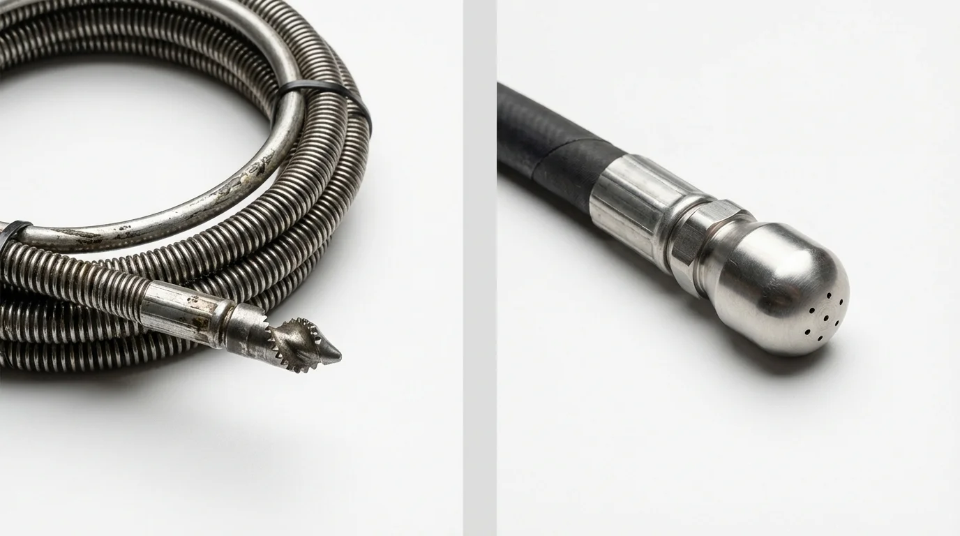 Drain snake cable and hydro jetting nozzle used for drain cleaning in Van Buren, ME