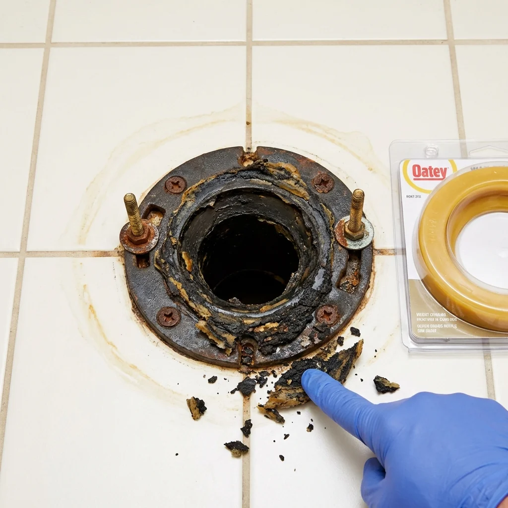Failed wax ring showing water seepage at the base of a toilet in a Van Buren, ME home