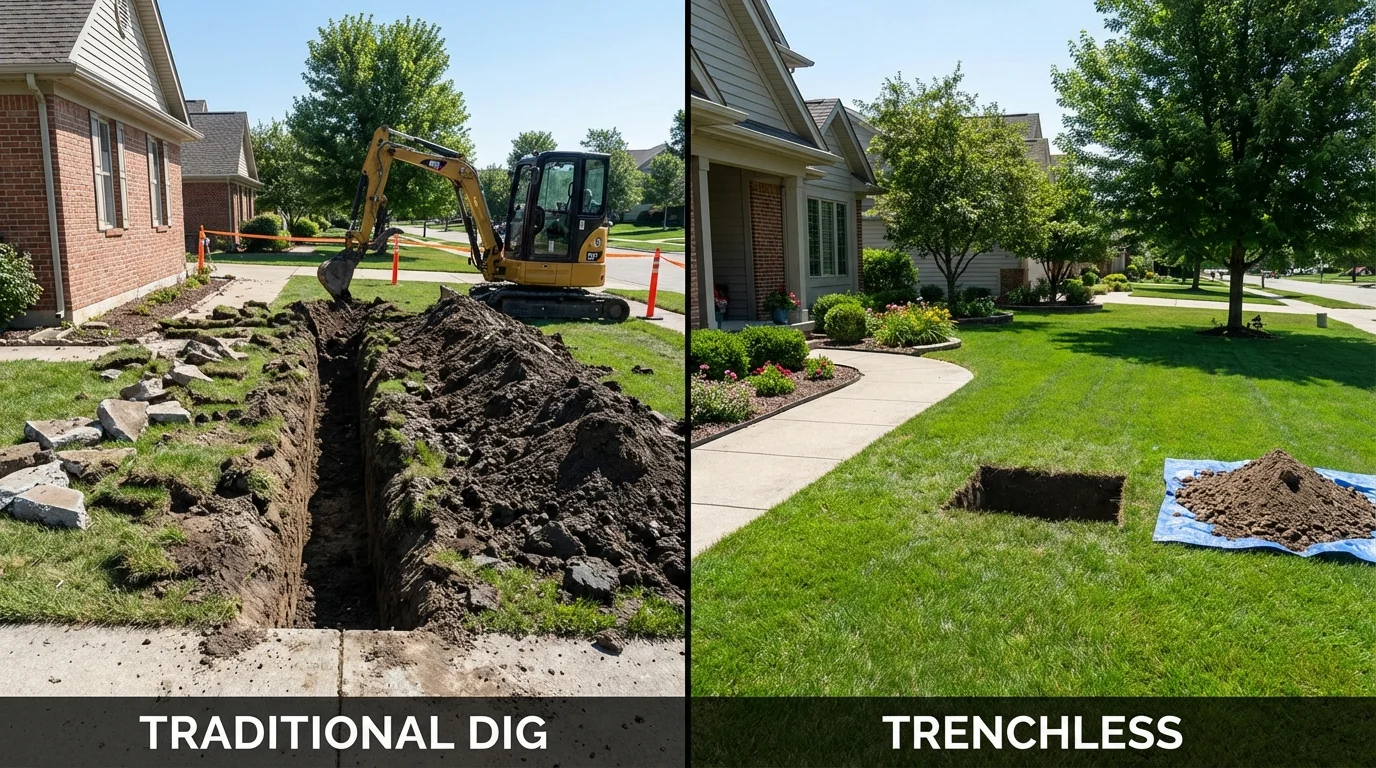 Trenchless sewer repair with minimal yard damage versus traditional excavation in Van Buren, ME
