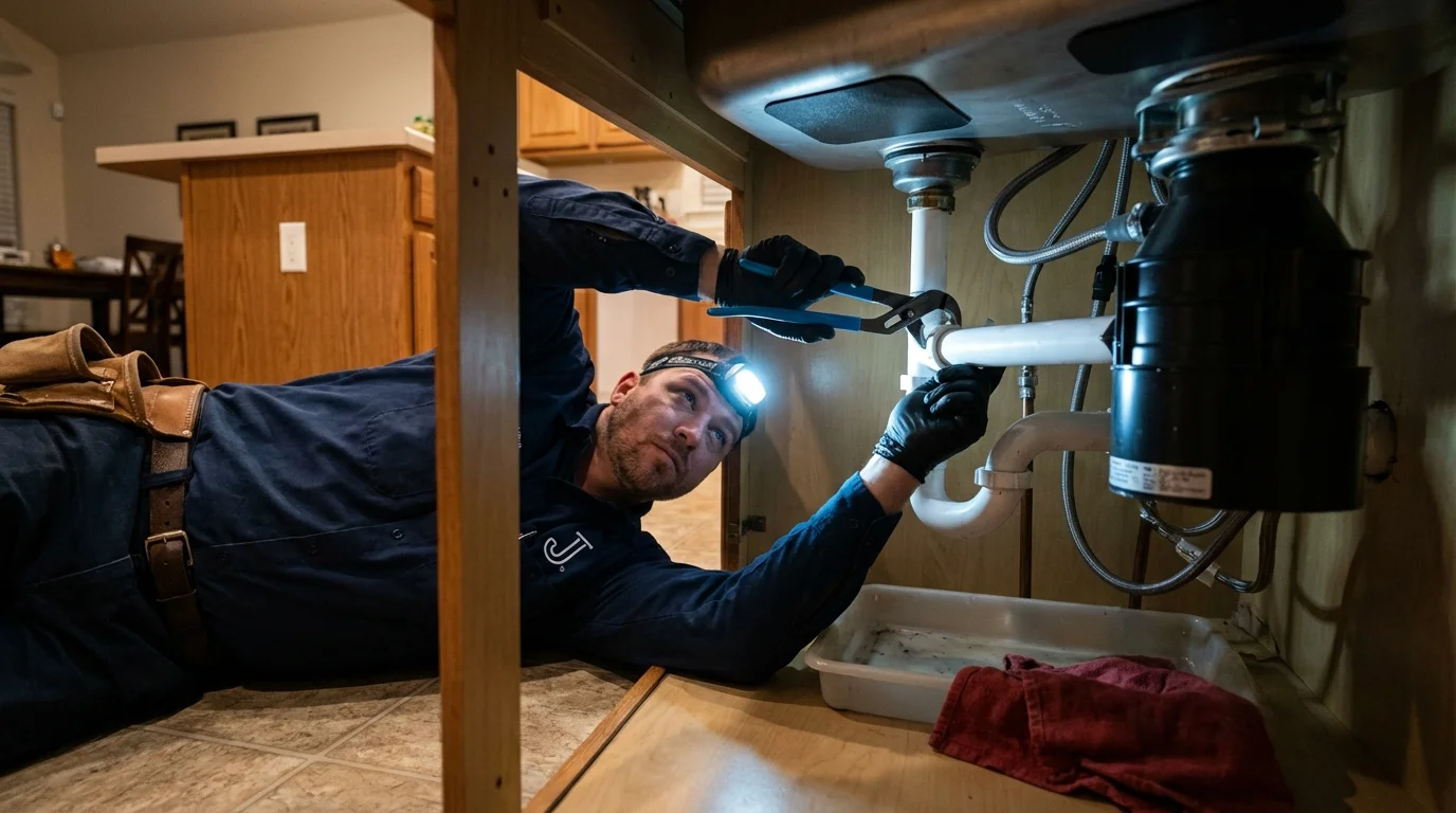 P-trap and supply line connections under a kitchen sink showing a common leak point in Van Buren, ME